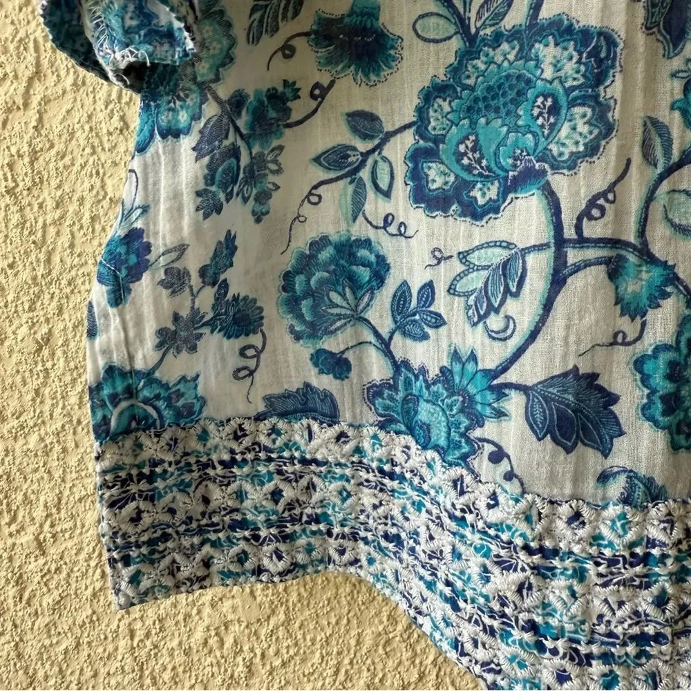 Sigrid Olsen Blue Floral embroidered Tunic Top Crinkle Cotton Boho Sz Small